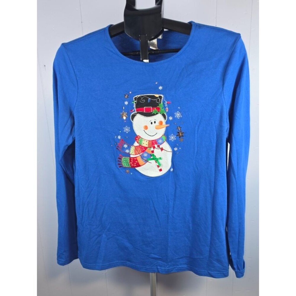 Rebecca Malone Blue Snowman with Scarf Shirt Top Size Large L